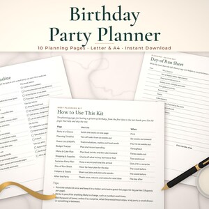 Birthday party planner mockup: Planning Timeline, How to Use This Kit, Day-of Run Sheet pages fanned on a styled tabletop