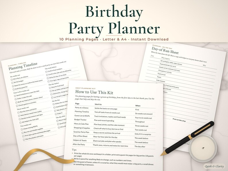 Birthday party planner mockup: Planning Timeline, How to Use This Kit, Day-of Run Sheet pages fanned on a styled tabletop