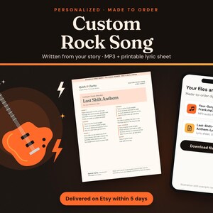Custom Rock Song: personalized song written from your story, delivered as an MP3 and a printable lyric sheet