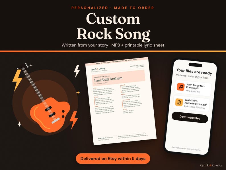 Custom Rock Song: personalized song written from your story, delivered as an MP3 and a printable lyric sheet
