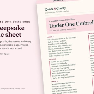 Close-up of an example Quirk & Clarity lyric sheet with fictional names