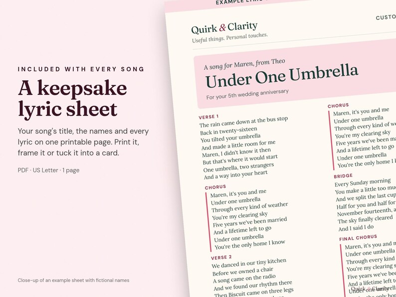 Close-up of an example Quirk & Clarity lyric sheet with fictional names