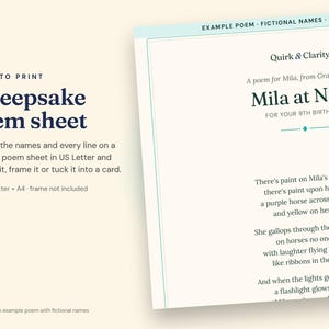 Close-up of an example Quirk & Clarity poem sheet (US Letter and A4 in one PDF) with fictional names