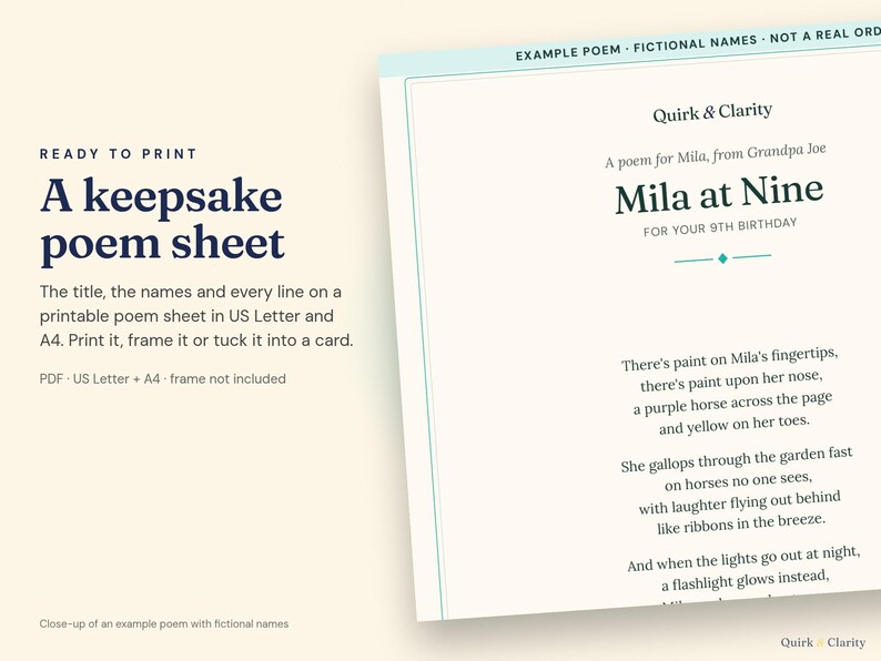 Close-up of an example Quirk & Clarity poem sheet (US Letter and A4 in one PDF) with fictional names