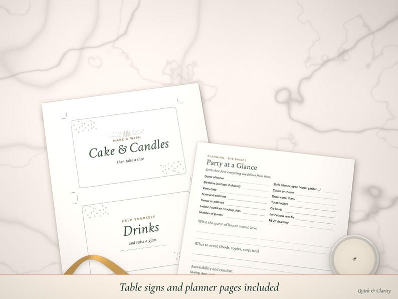 Table signs and Party at a Glance pages