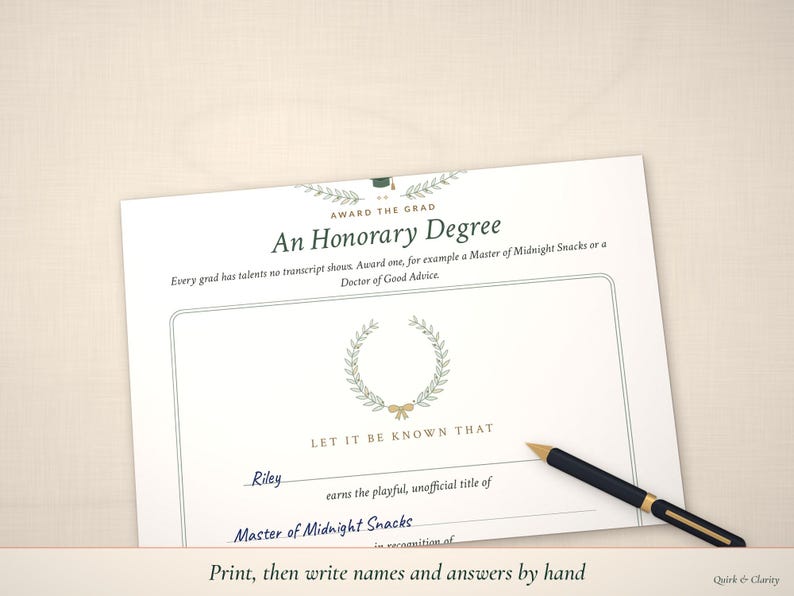 Honorary Degree keepsake partly filled in by hand
