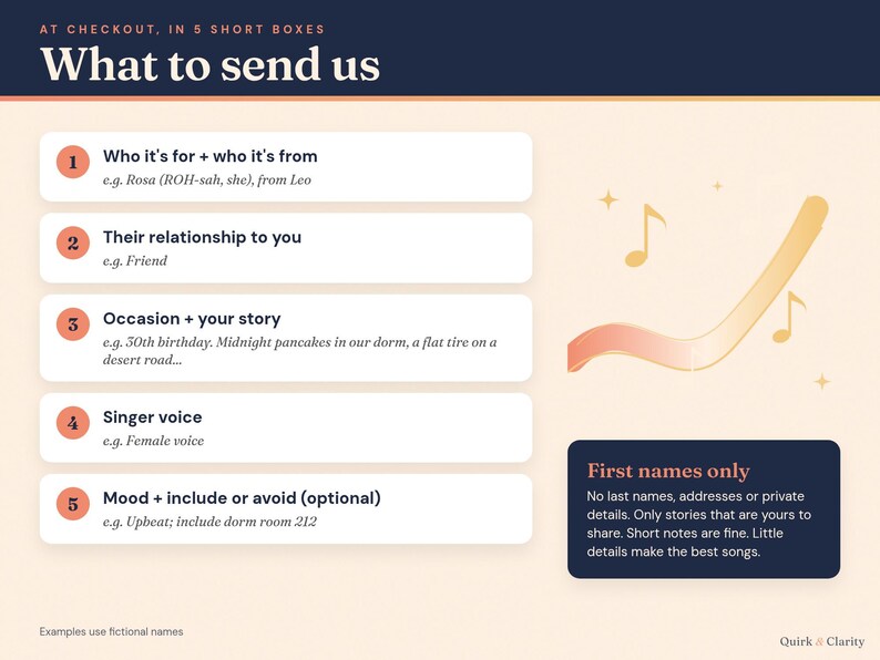 What to send: the five personalization boxes with example answers using fictional names