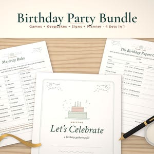 Birthday bundle mockup: Majority Rules game, welcome sign and report card fanned on wood