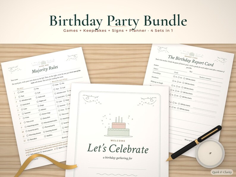 Birthday bundle mockup: Majority Rules game, welcome sign and report card fanned on wood