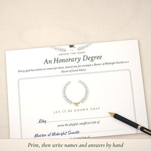 Honorary Degree keepsake partly filled in by hand
