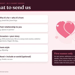 What to send: the five personalization boxes with example answers using fictional names