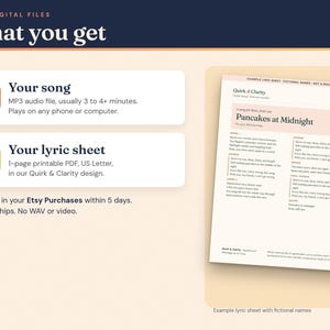 What you get: an MP3 song file, usually 3 to 4+ minutes, and a one-page printable lyric sheet PDF, example with fictional names