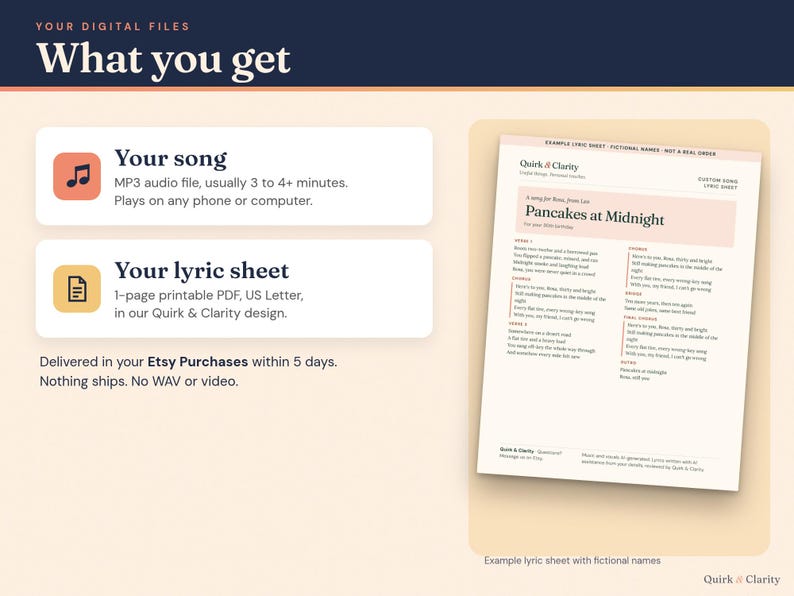 What you get: an MP3 song file, usually 3 to 4+ minutes, and a one-page printable lyric sheet PDF, example with fictional names