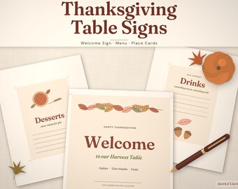 Thanksgiving Signs Printable, Welcome Sign 8x10, Menu Card, Dessert and Drinks Signs, Place Cards (Digital Download)