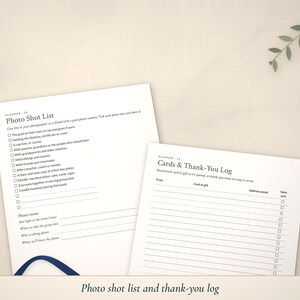 Photo shot list and cards & thank-you log pages