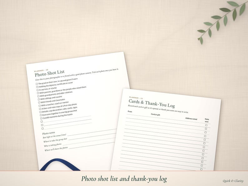 Photo shot list and cards & thank-you log pages