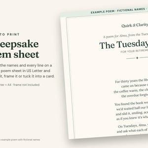 Close-up of an example Quirk & Clarity poem sheet (US Letter and A4 in one PDF) with fictional names
