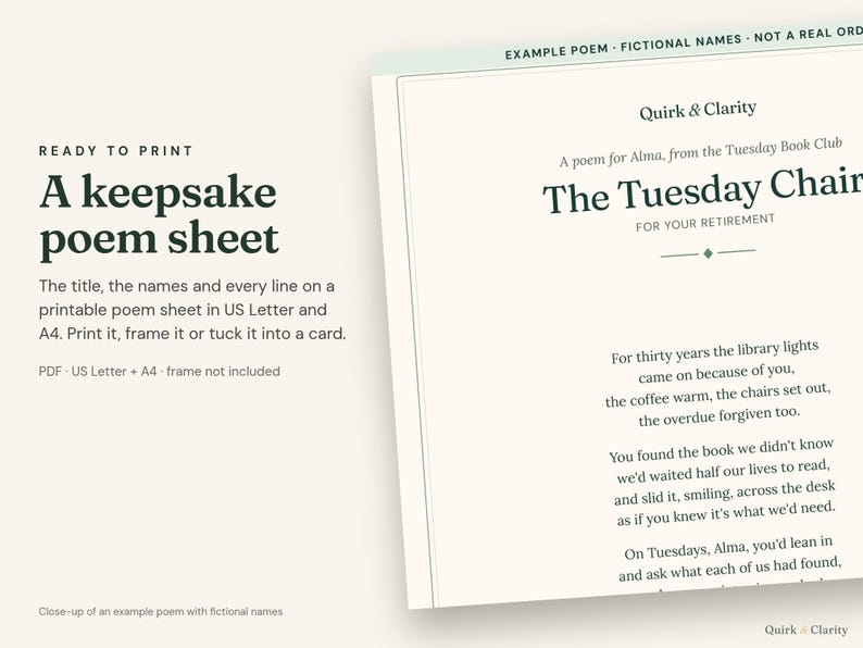 Close-up of an example Quirk & Clarity poem sheet (US Letter and A4 in one PDF) with fictional names