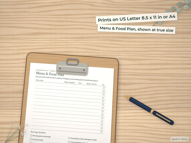 Menu & Food Plan page on a clipboard at true size