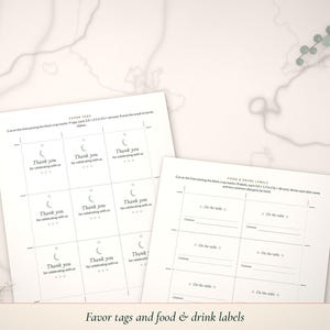 Favor tag sheet and food label sheet angled on marble