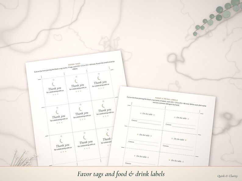 Favor tag sheet and food label sheet angled on marble