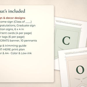 List of graduation sign and decor designs beside two CONGRATS banner pennant sheets