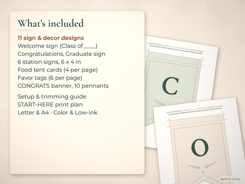 List of graduation sign and decor designs beside two CONGRATS banner pennant sheets