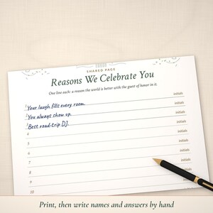 Reasons We Celebrate You page partly handwritten