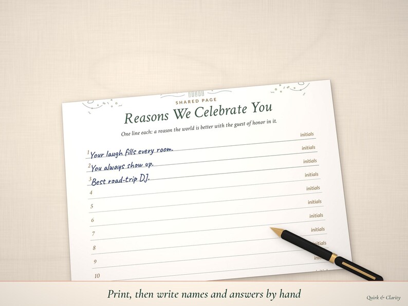 Reasons We Celebrate You page partly handwritten