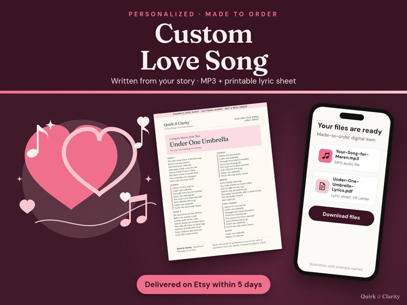 Custom Love Song: personalized song written from your story, delivered as an MP3 and a printable lyric sheet