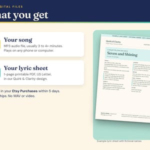 What you get: an MP3 song file, usually 3 to 4+ minutes, and a one-page printable lyric sheet PDF, example with fictional names