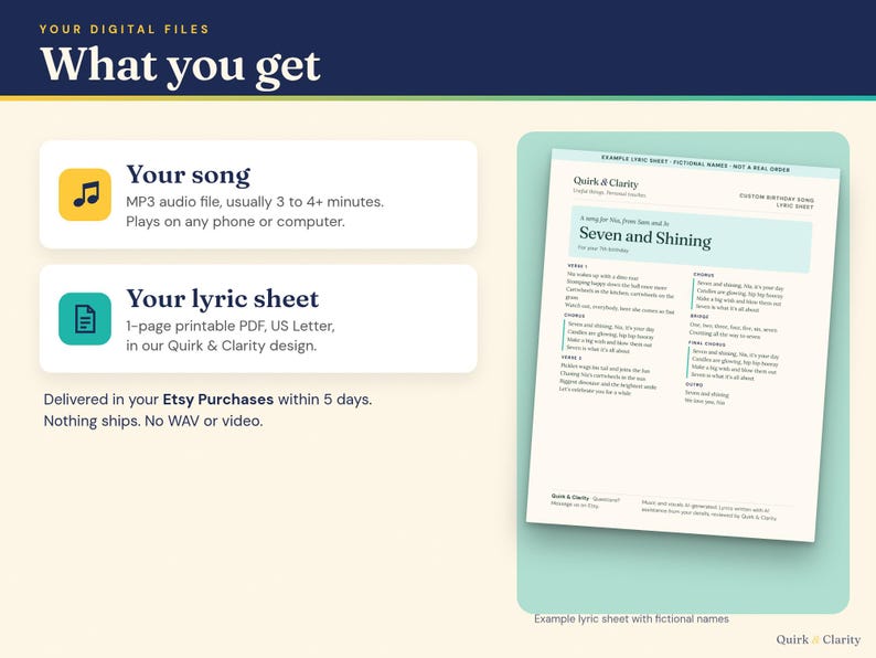 What you get: an MP3 song file, usually 3 to 4+ minutes, and a one-page printable lyric sheet PDF, example with fictional names