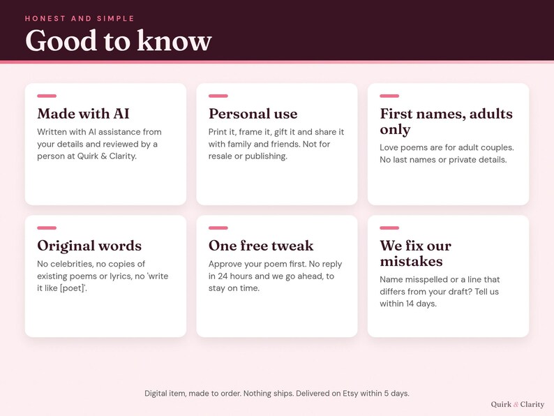 Good to know: written with AI assistance and reviewed by a person, personal use, first names only, one free tweak