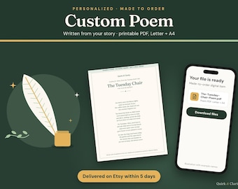 Peut inclure: Un affichage de produit numérique avec le texte Custom Poem, une plume blanche dans un encrier doré, un document imprimé intitulé The Tuesday Chair et un écran de smartphone affichant un fichier prêt à télécharger avec le bouton Download files.