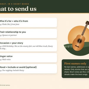 What to send: the five personalization boxes with example answers using fictional names