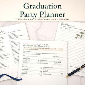 Graduation party planner mockup: Planning Timeline, Graduation Host Planning Kit, Day-of Run Sheet pages fanned on a styled tabletop