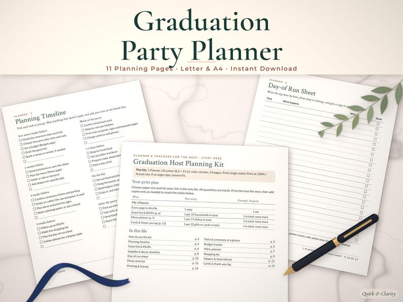 Graduation party planner mockup: Planning Timeline, Graduation Host Planning Kit, Day-of Run Sheet pages fanned on a styled tabletop