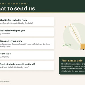 What to send: the five personalization boxes with example answers using fictional names