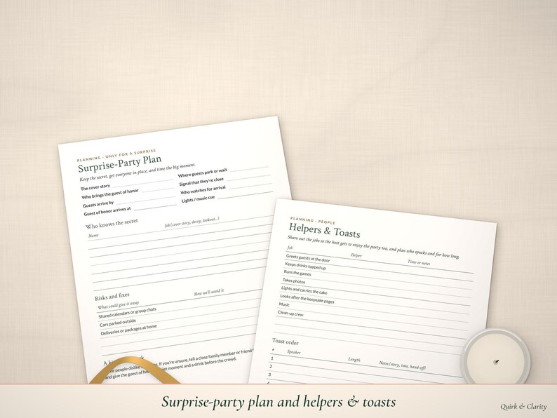 Surprise-party plan and helpers & toasts pages