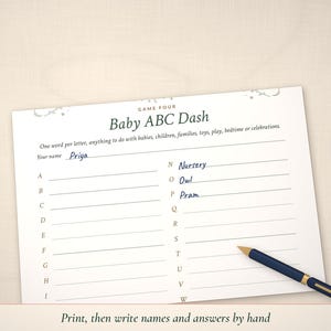 Baby ABC Dash page partly filled in by hand