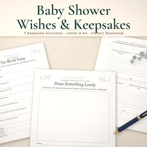 Baby shower keepsake printables mockup: The World Today, Draw Something Lovely, A small joy to look out for in the pages fanned on a styled tabletop