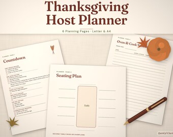 Thanksgiving Planner Printable, Host Countdown, Menu and Shopping List, Oven Schedule, Seating Plan (Digital Download)