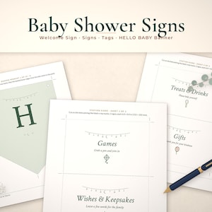Printbare decoratie voor een babyshower met maan en sterren, welkomstbord, tafelbordjes, 'Hello Baby'-banner (digitale download) afbeelding 1