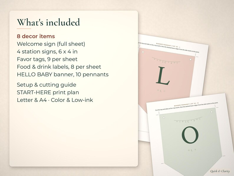 List of 8 baby shower decor items beside two HELLO BABY banner pennant sheets