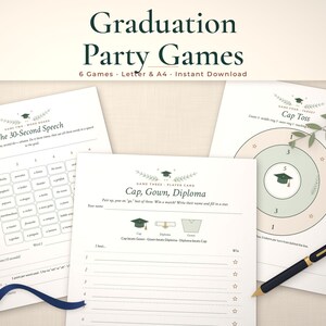 Graduation party games printable mockup: The 30-Second Speech, Cap, Gown, Diploma, Cap Toss pages fanned on a styled tabletop