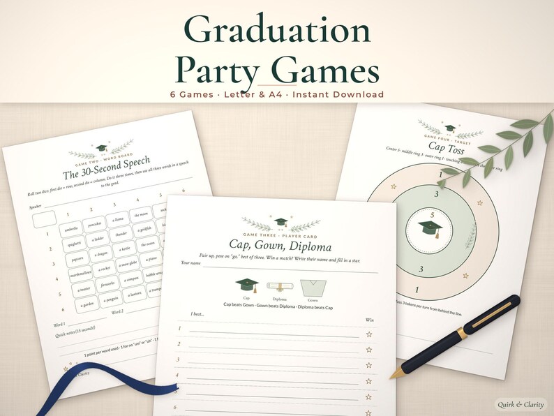Graduation party games printable mockup: The 30-Second Speech, Cap, Gown, Diploma, Cap Toss pages fanned on a styled tabletop