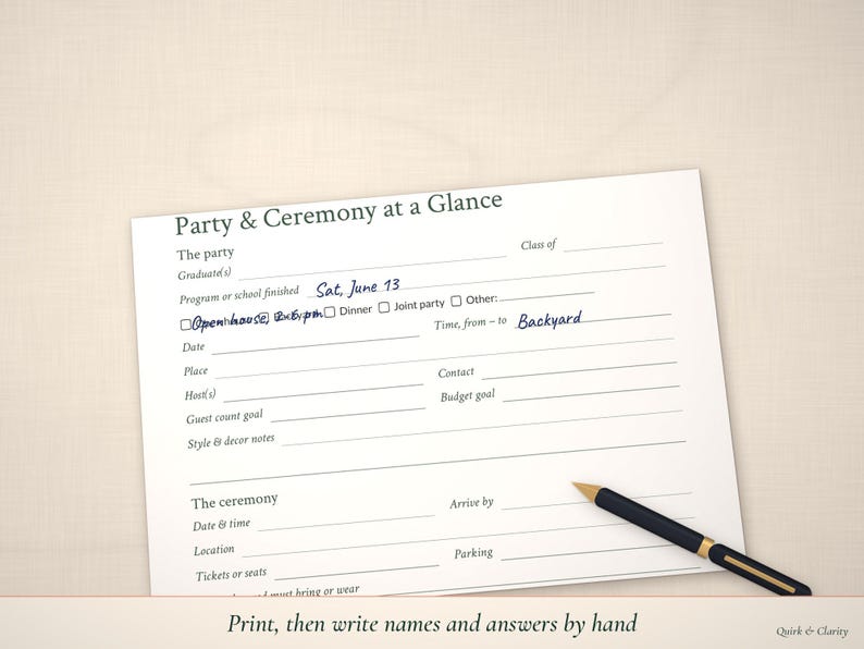 At a Glance page partly filled in by hand