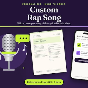 Custom Rap Song: personalized song written from your story, delivered as an MP3 and a printable lyric sheet