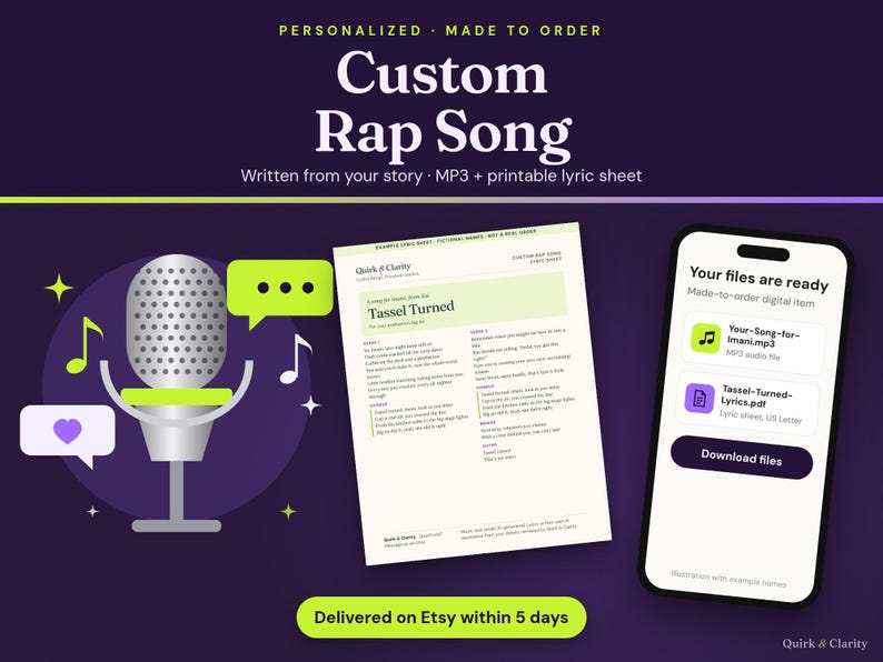 Custom Rap Song: personalized song written from your story, delivered as an MP3 and a printable lyric sheet