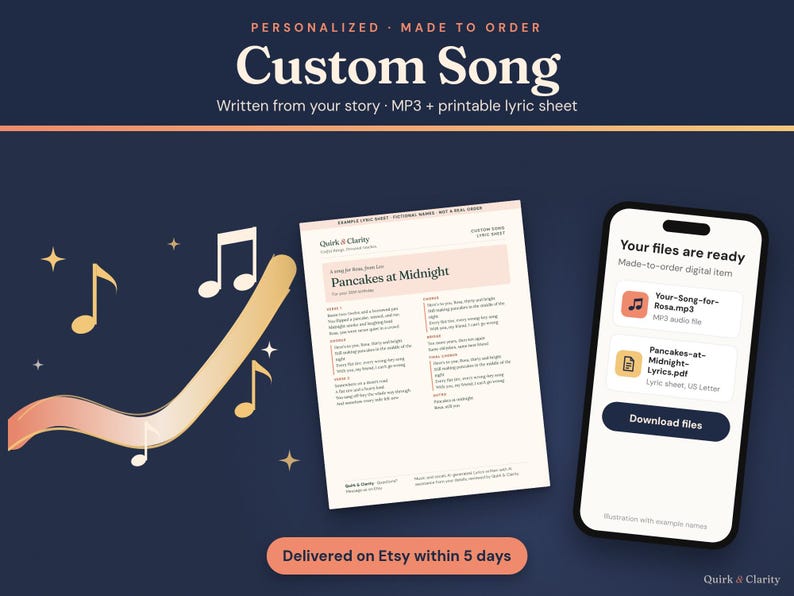 Custom Song: personalized song written from your story, delivered as an MP3 and a printable lyric sheet